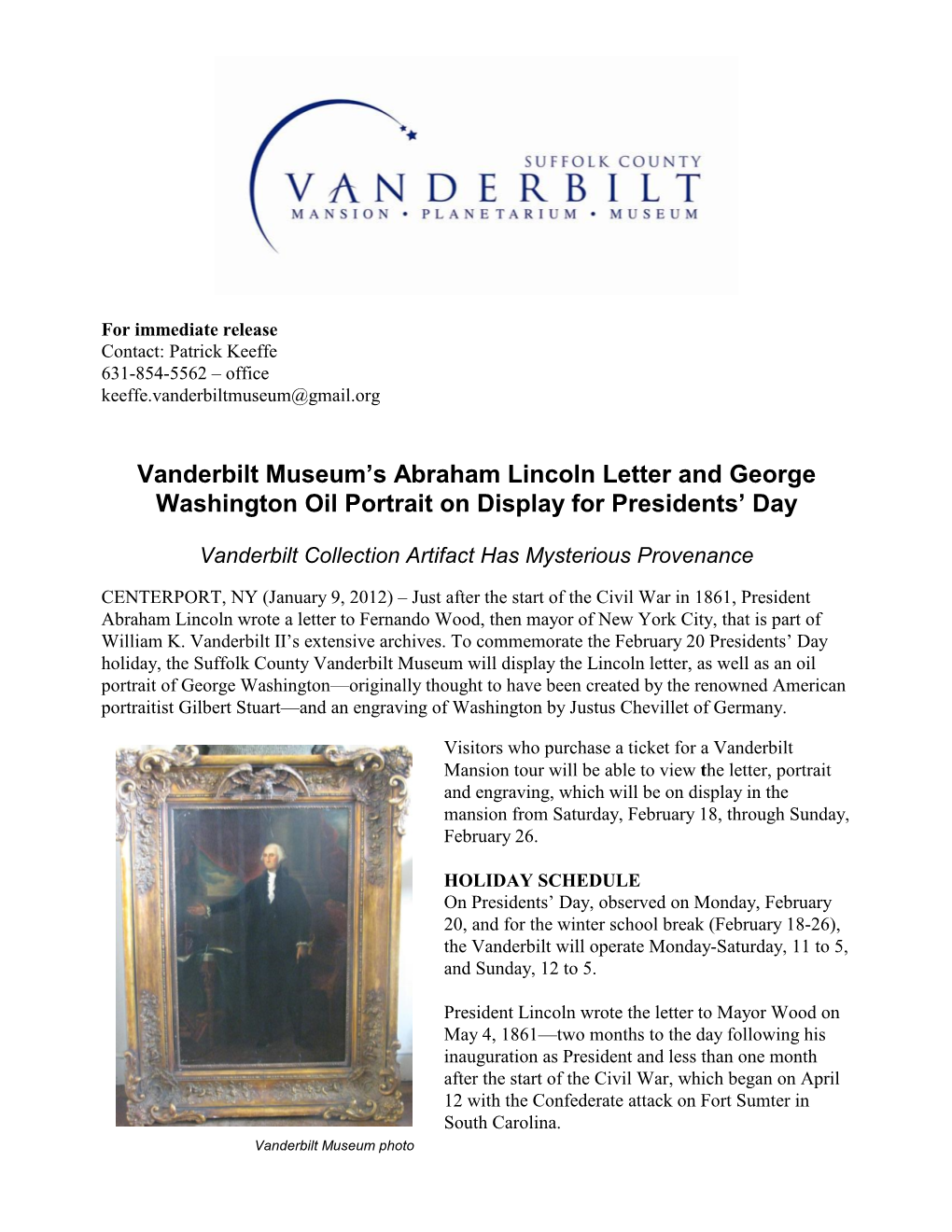 Lincoln Letter and George Washington Oil Portrait on Display for Presidents’ Day