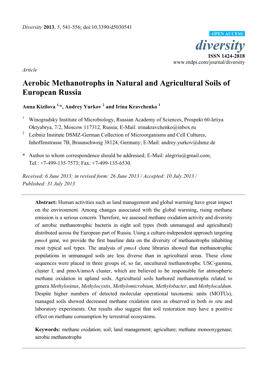 Aerobic Methanotrophs in Natural and Agricultural Soils of European Russia