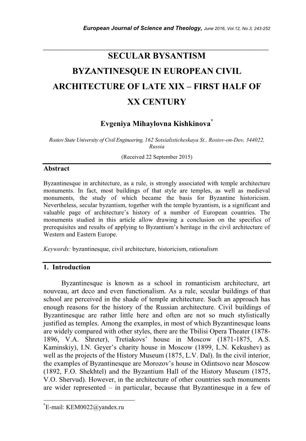 Byzantinesque in European Civil Architecture of Late Xix – First Half of Xx Century