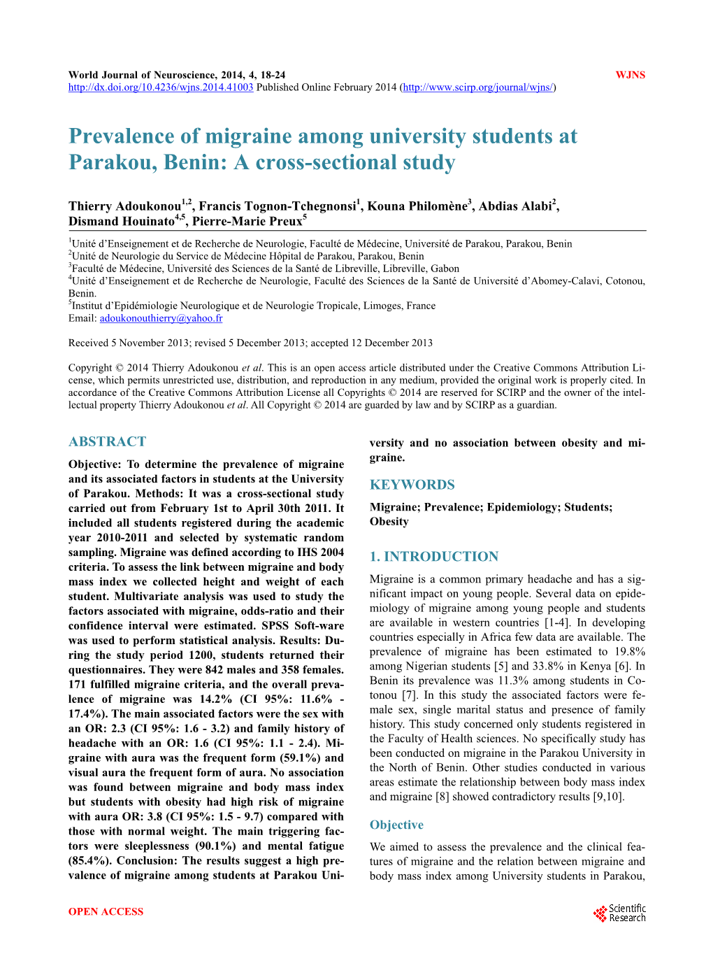 Prevalence of Migraine Among University Students at Parakou, Benin: a Cross-Sectional Study