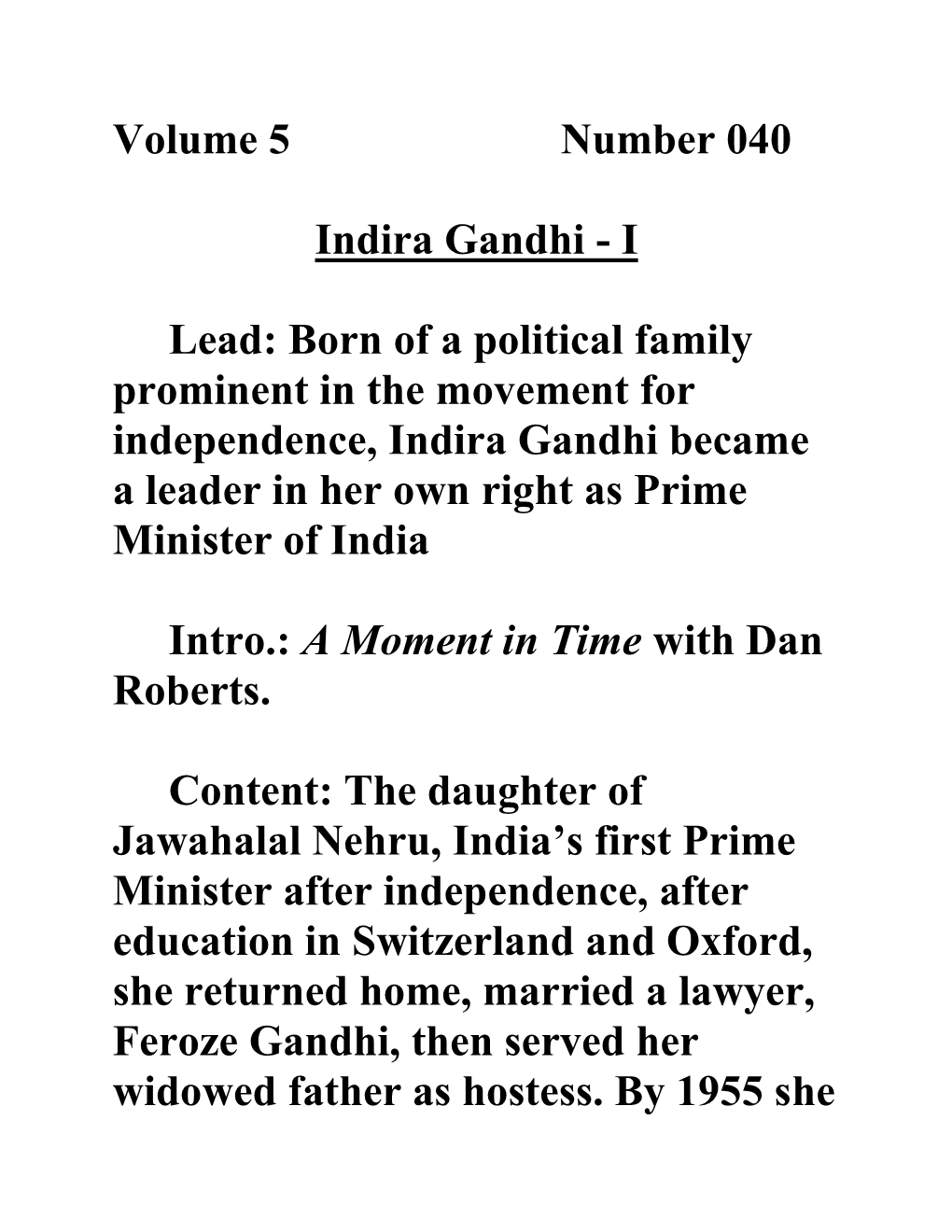 Volume 5 Number 040 Indira Gandhi