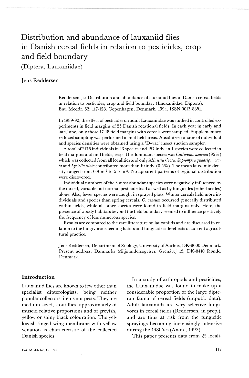 Distribution and Abundance of Lauxaniid Flies in Danish Cereal Fields in Relation to Pesticides, Crop and Field Boundary (Diptera, Lauxaniidae)