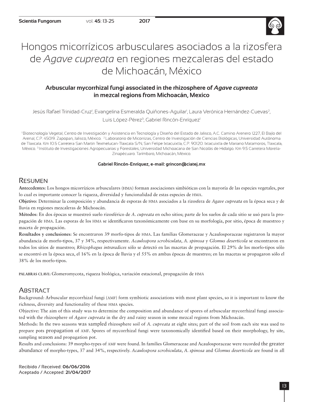 Hongos Micorrízicos Arbusculares Asociados a La Rizosfera De Agave Cupreata En Regiones Mezcaleras Del Estado De Michoacán, México