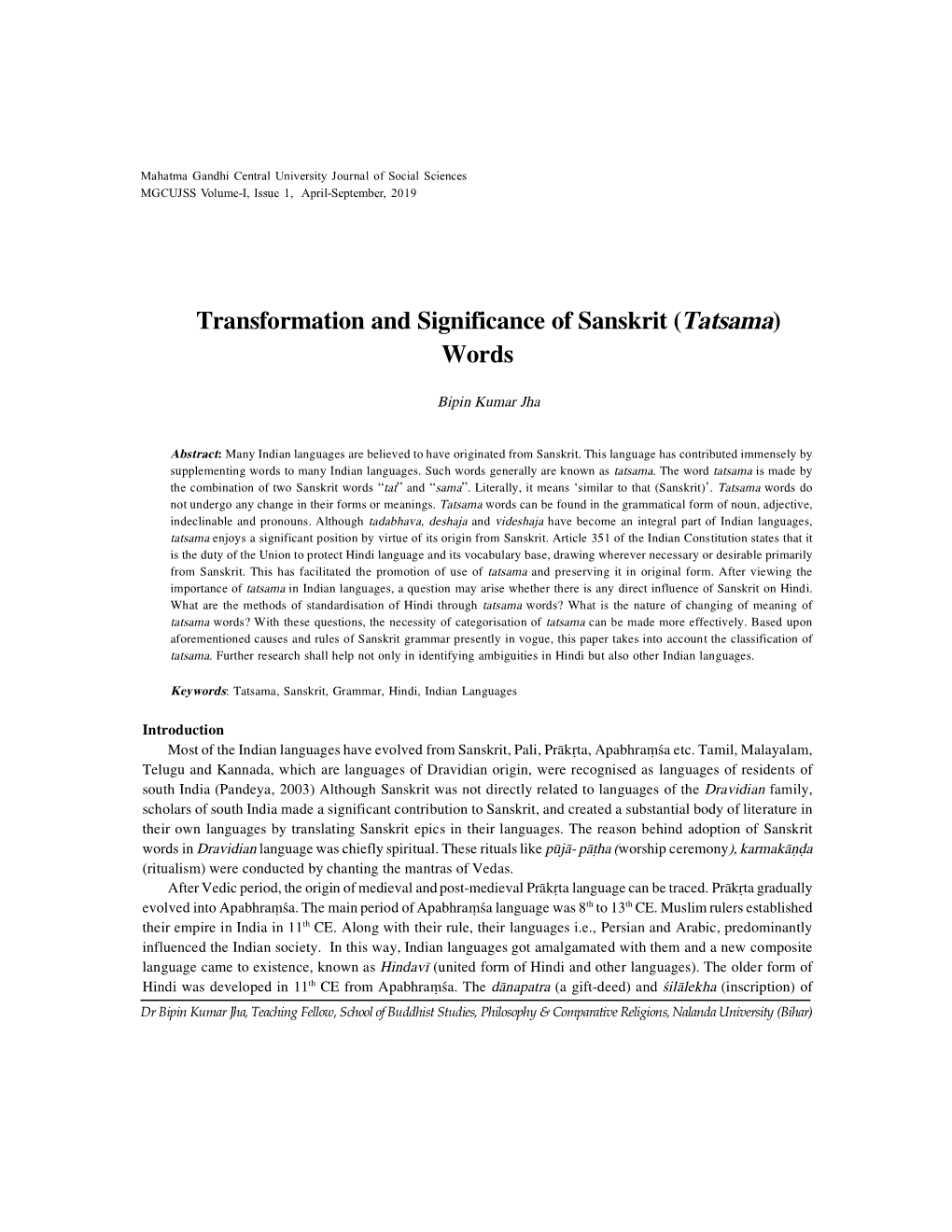 Transformation and Significance of Sanskrit (Tatsama) Words