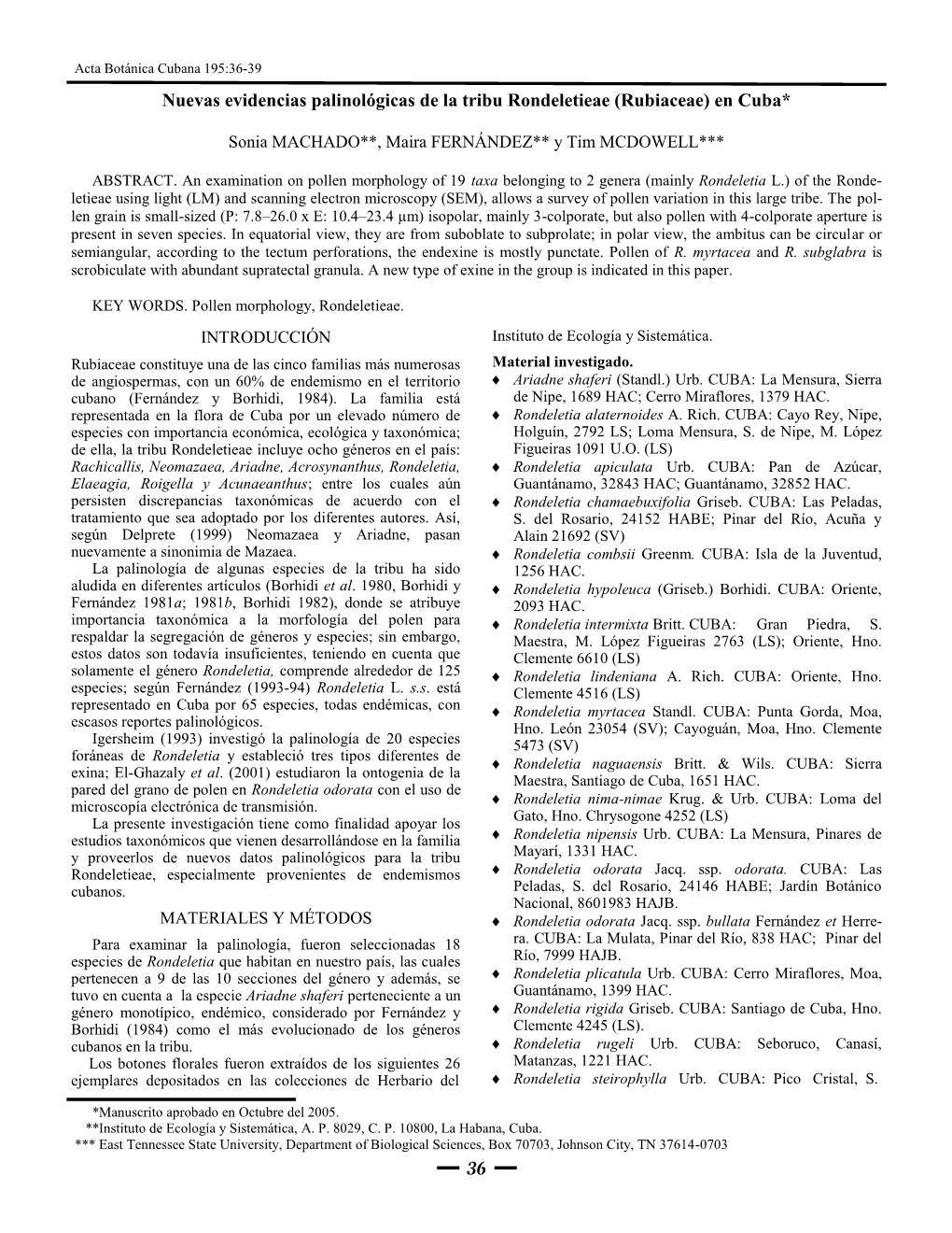 36 Nuevas Evidencias Palinológicas De La Tribu Rondeletieae