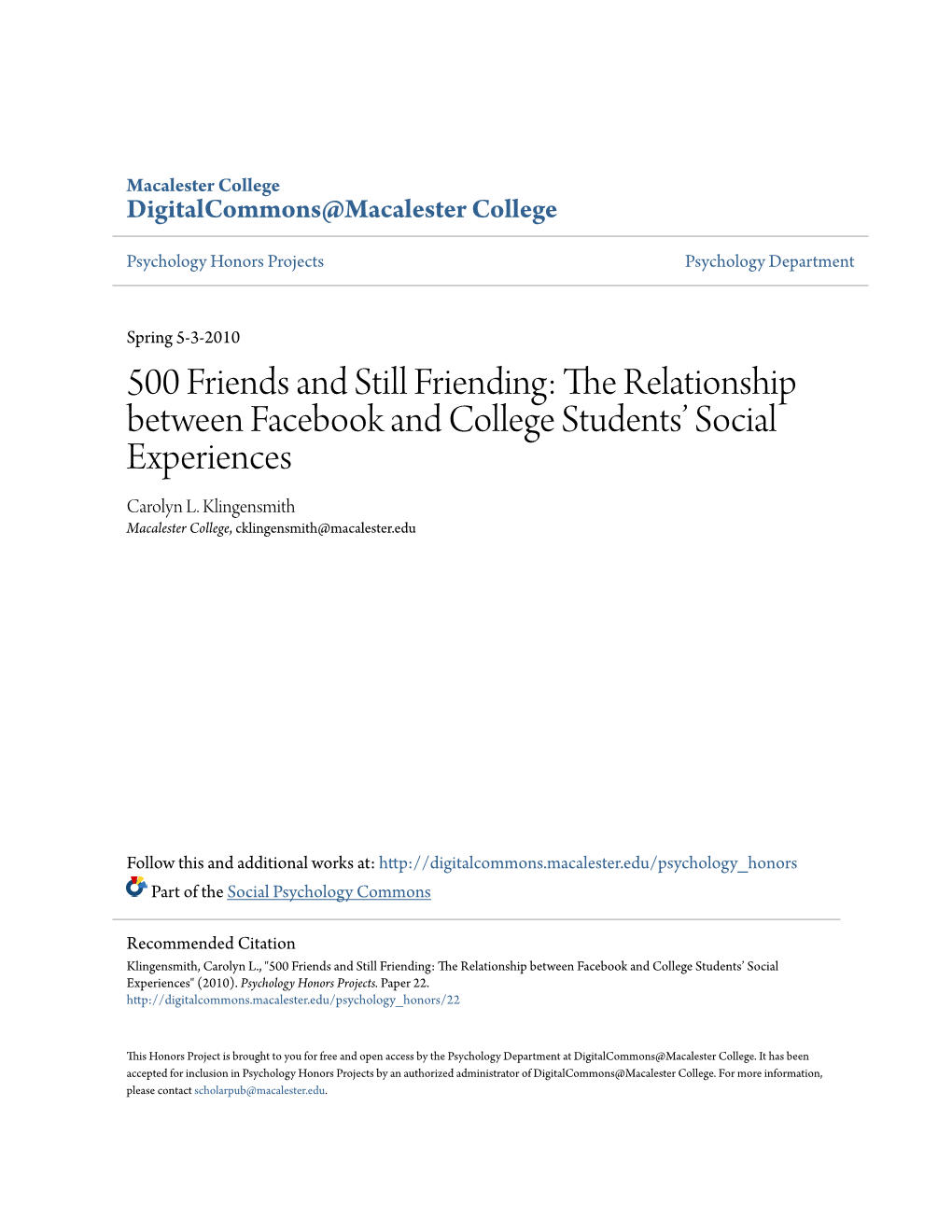 The Relationship Between Facebook and College Students' Social