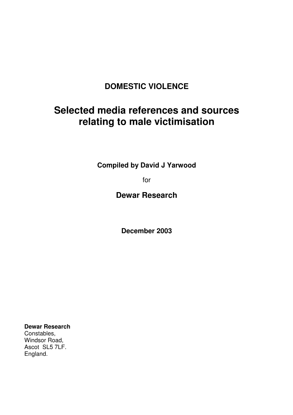 Selected Media References and Sources Relating to Male Victimisation