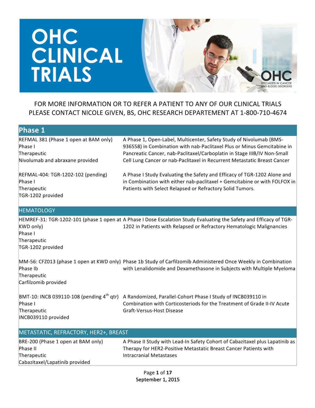 OHC Clinical Trials List V4