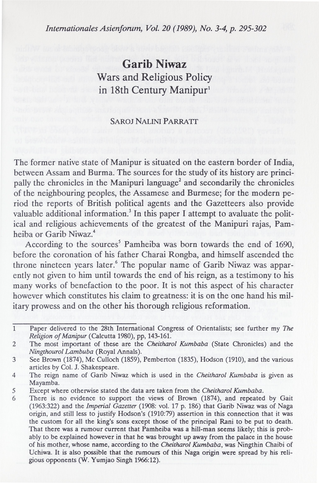 Garib Niwaz Wars and Religious Policy in 18Th Century Manipur 1