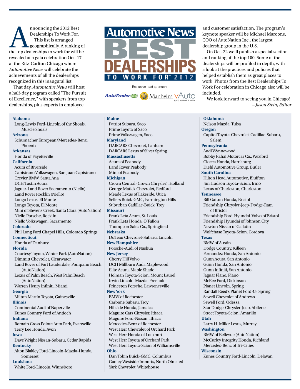 Announcing the 2012 Best Dealerships to Work For. This List Is