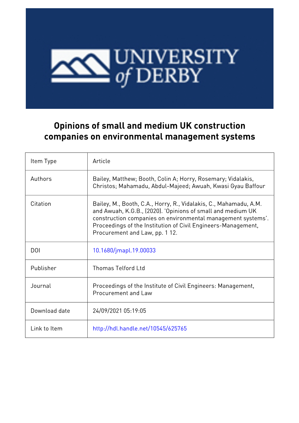 Opinions of Small and Medium UK Construction Companies on Environmental Management Systems