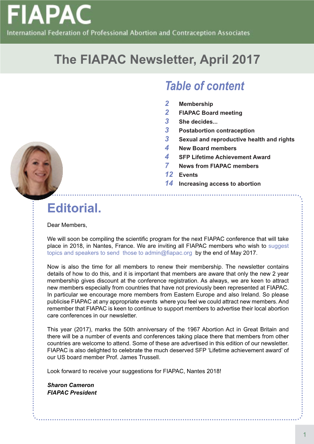 The FIAPAC Newsletter, April 2017 Editorial. Table of Content