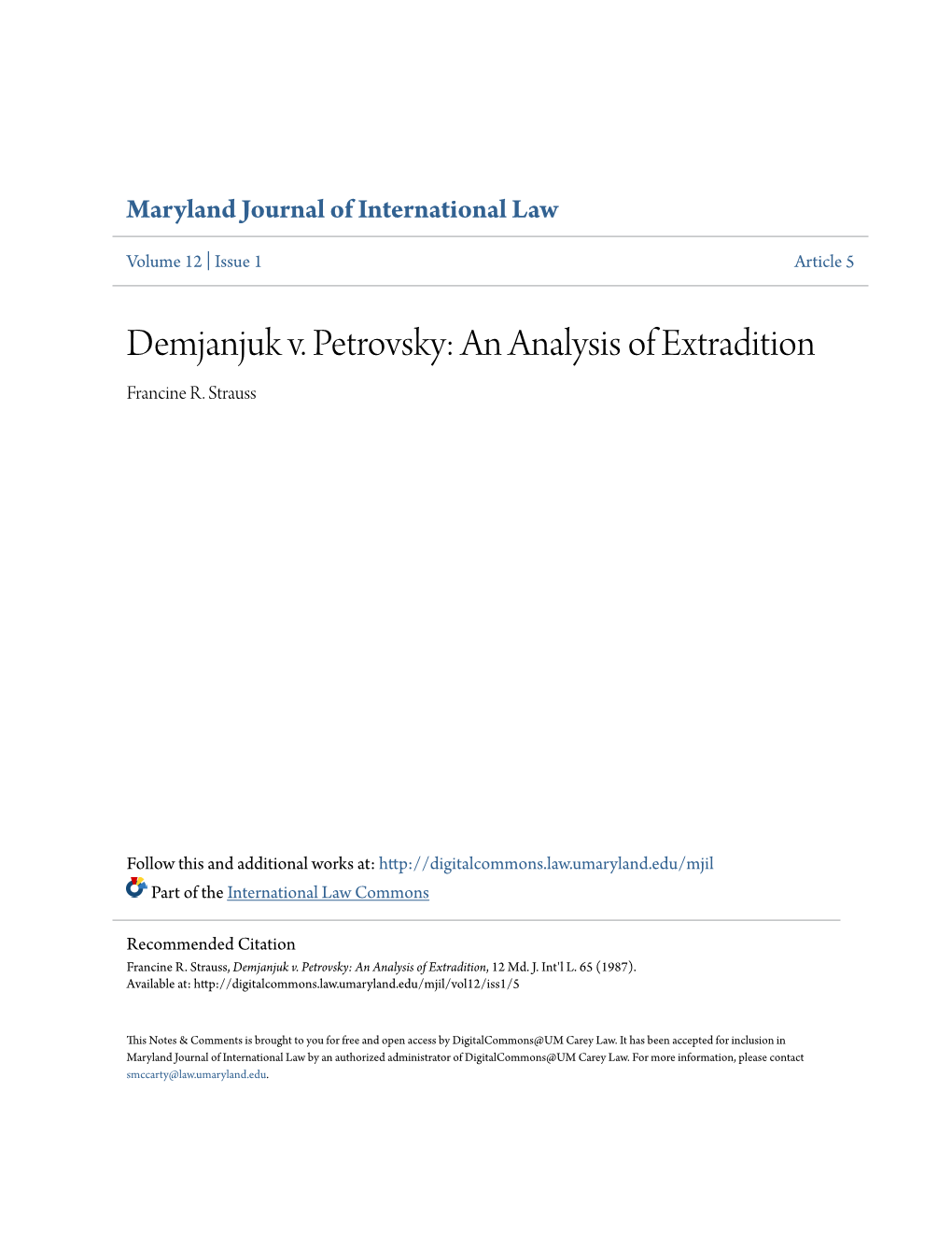 Demjanjuk V. Petrovsky: an Analysis of Extradition Francine R