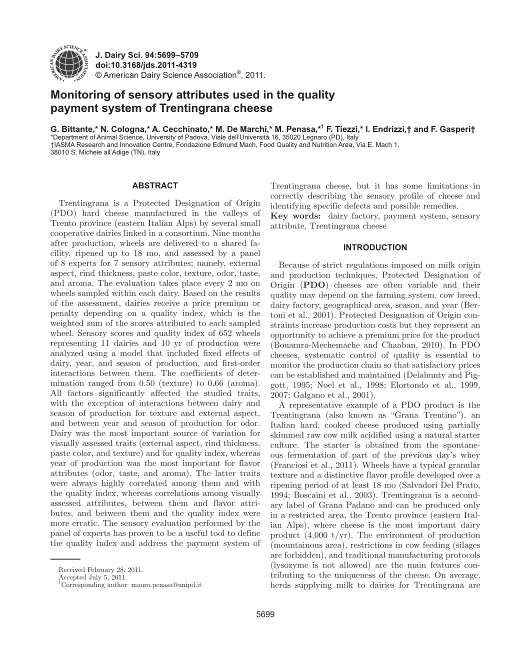 Monitoring of Sensory Attributes Used in the Quality Payment System of Trentingrana Cheese