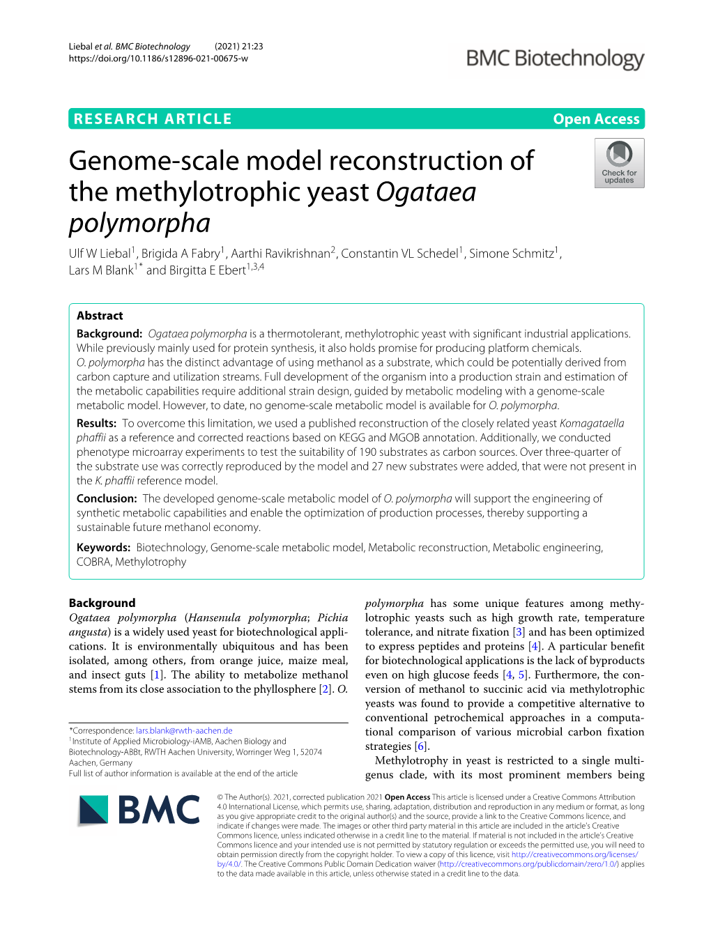 Genome-Scale Model Reconstruction of the Methylotrophic Yeast Ogataea