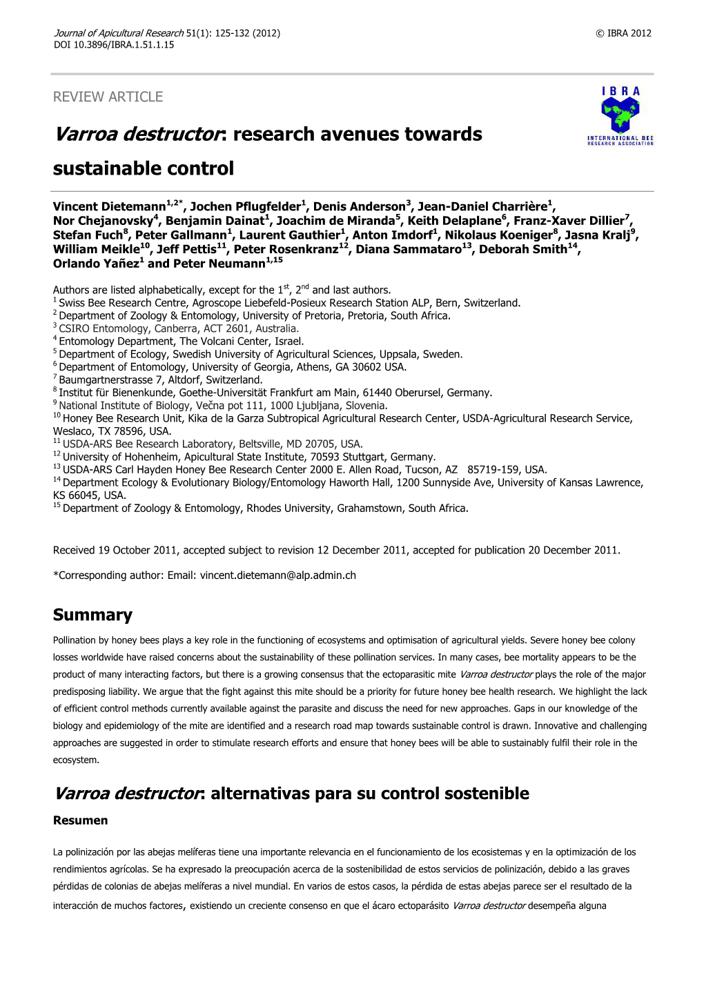 Varroa Destructor: Research Avenues Towards Sustainable Control