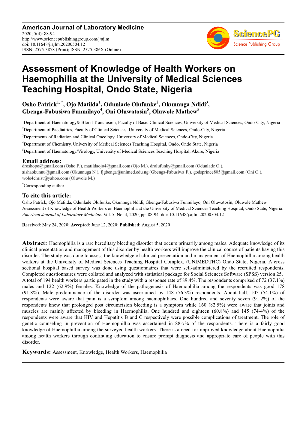 Assessment of Knowledge of Health Workers on Haemophilia at the University of Medical Sciences Teaching Hospital, Ondo State, Nigeria