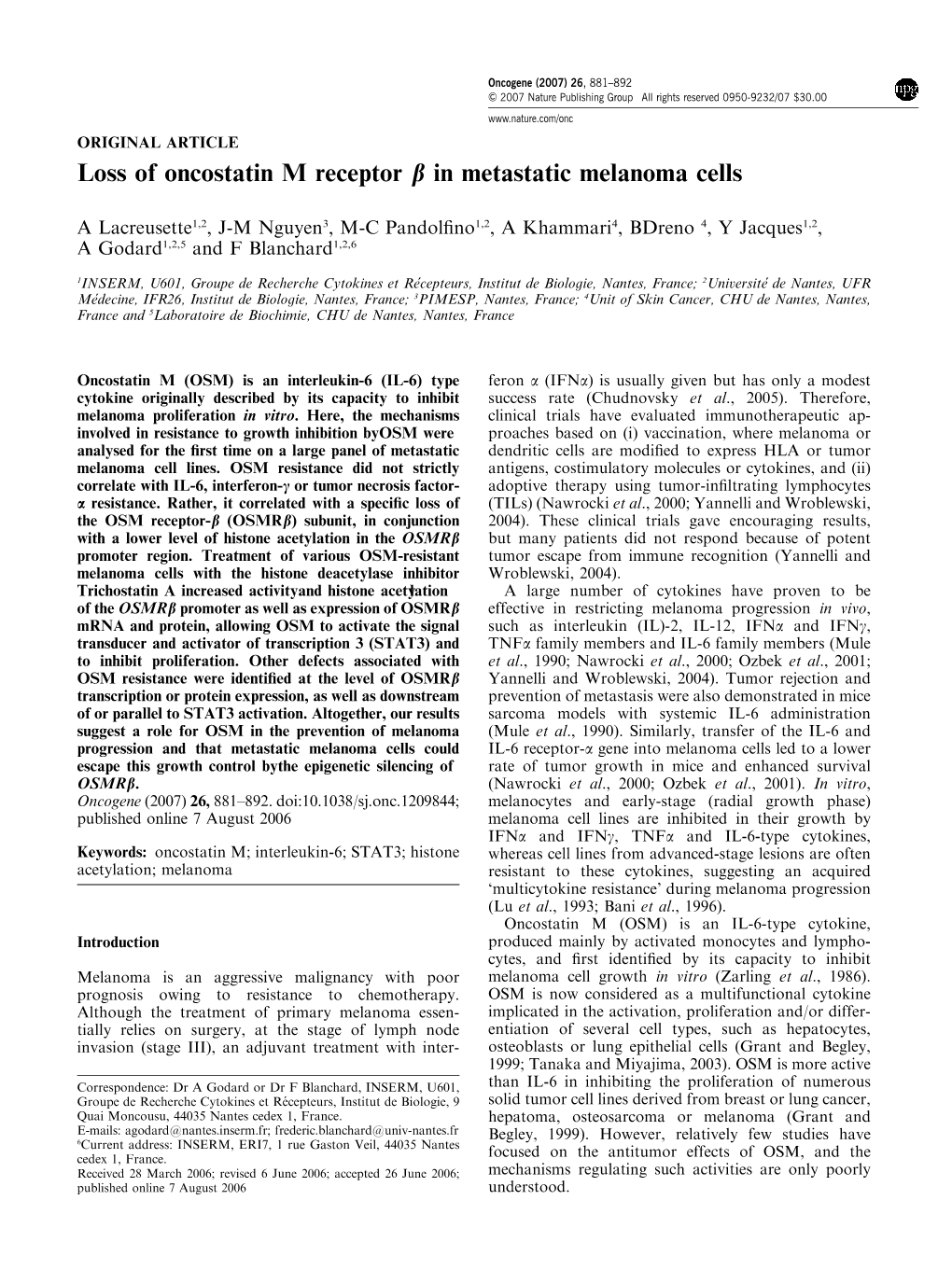 Loss of Oncostatin M Receptor B in Metastatic Melanoma Cells