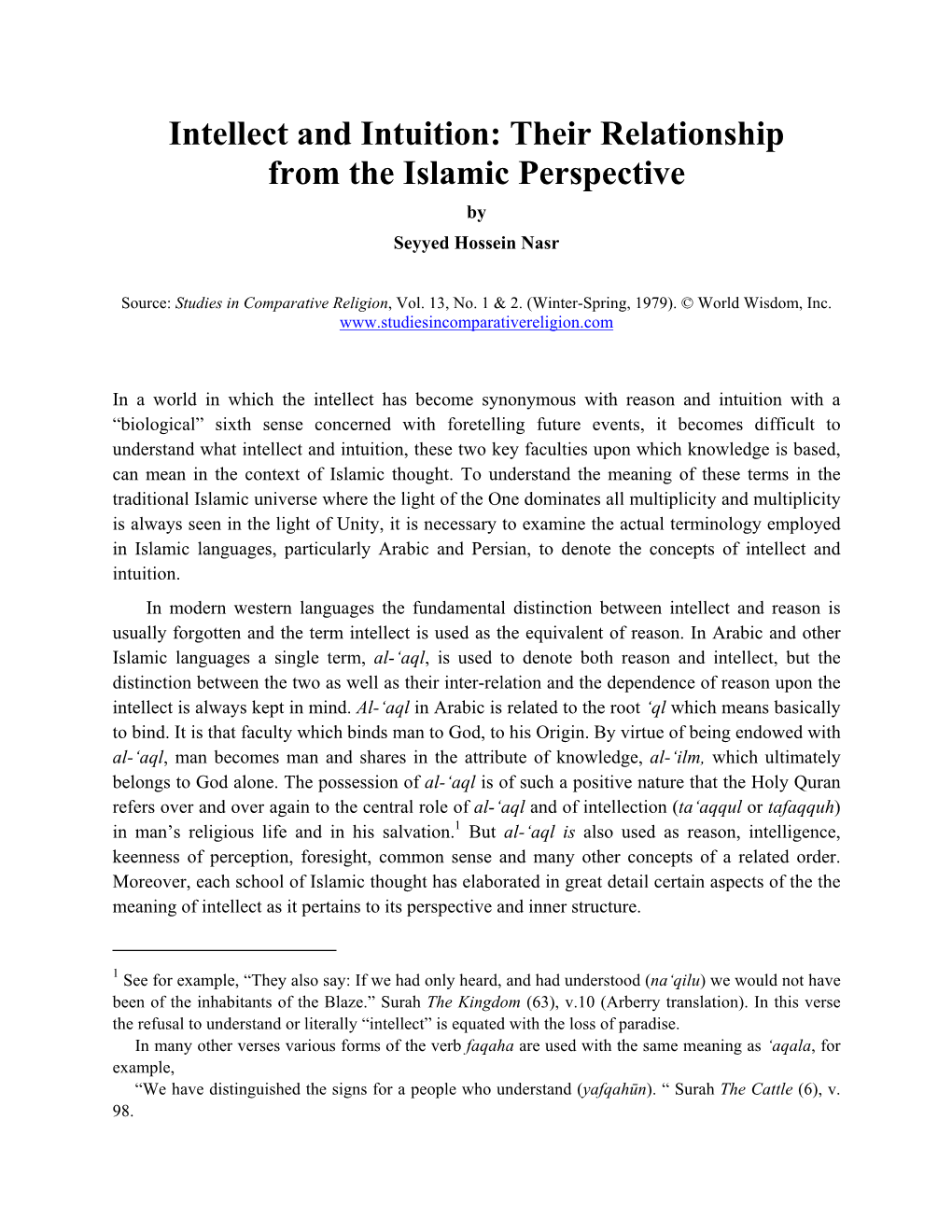 "Intellect and Intuition: Their Relationship from the Islamic