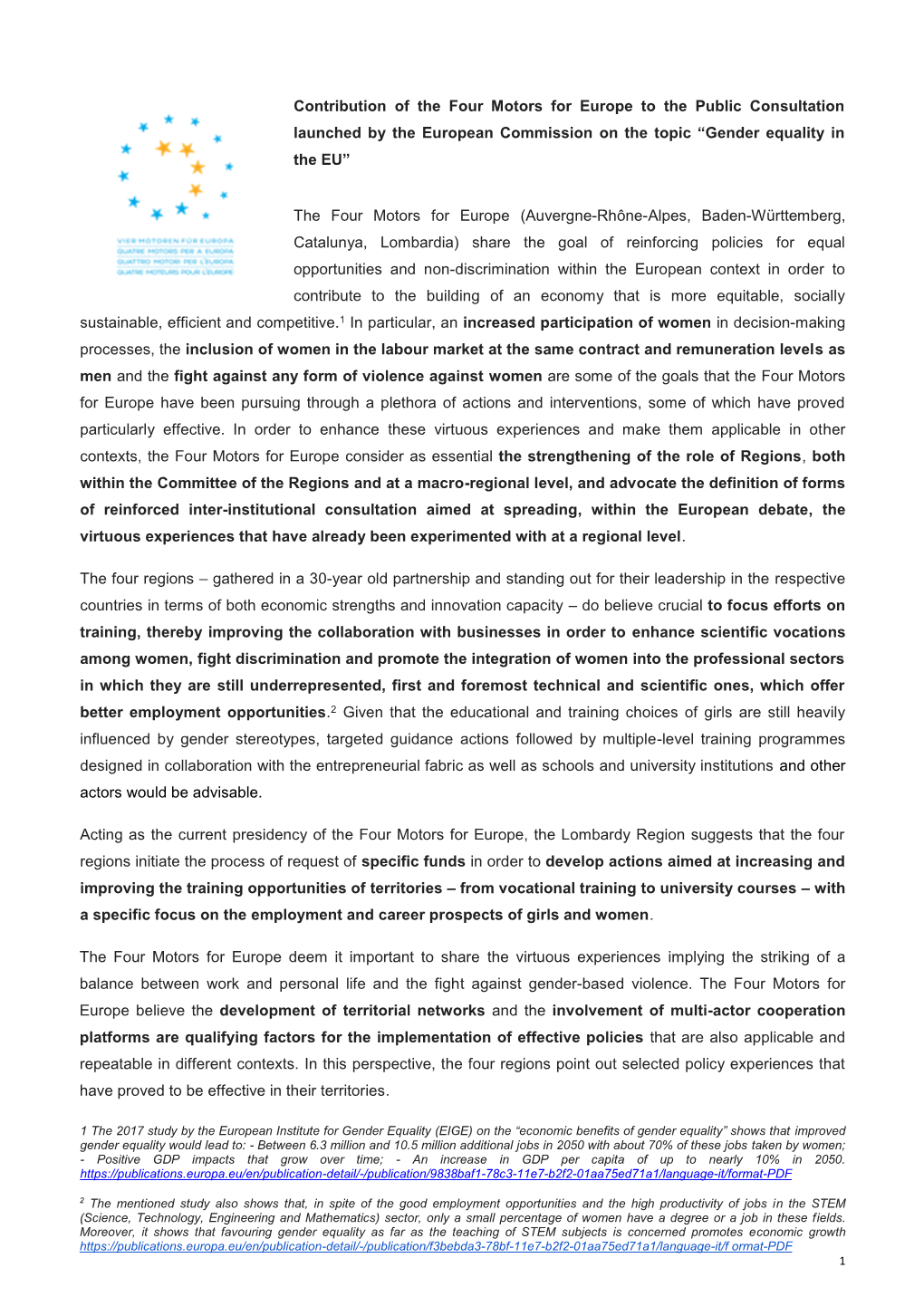 Contribution of the Four Motors for Europe to the Public Consultation Launched by the European Commission on the Topic “Gender Equality in the EU”