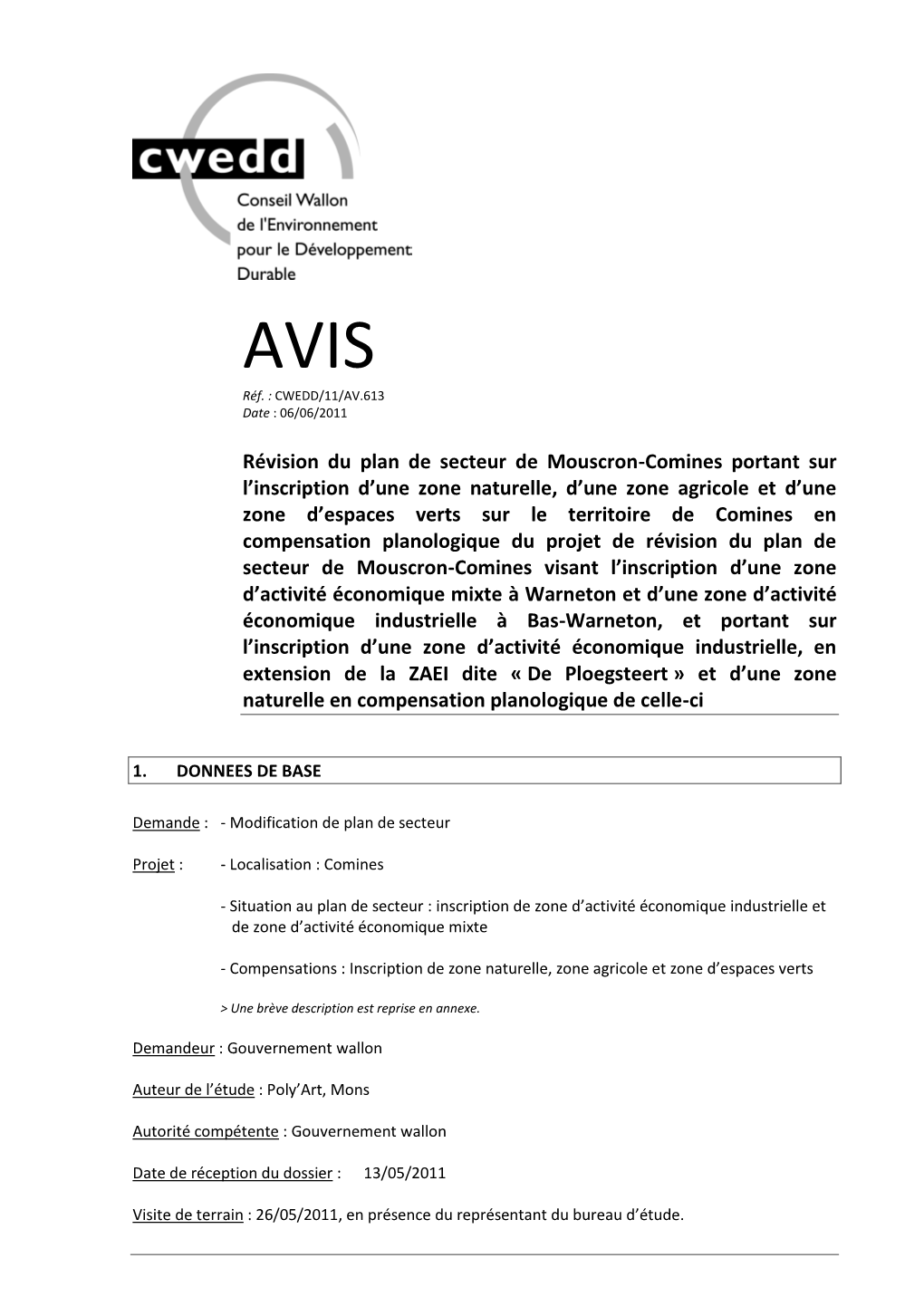 Révision Du Plan De Secteur De Mouscron-Comines Portant Sur L