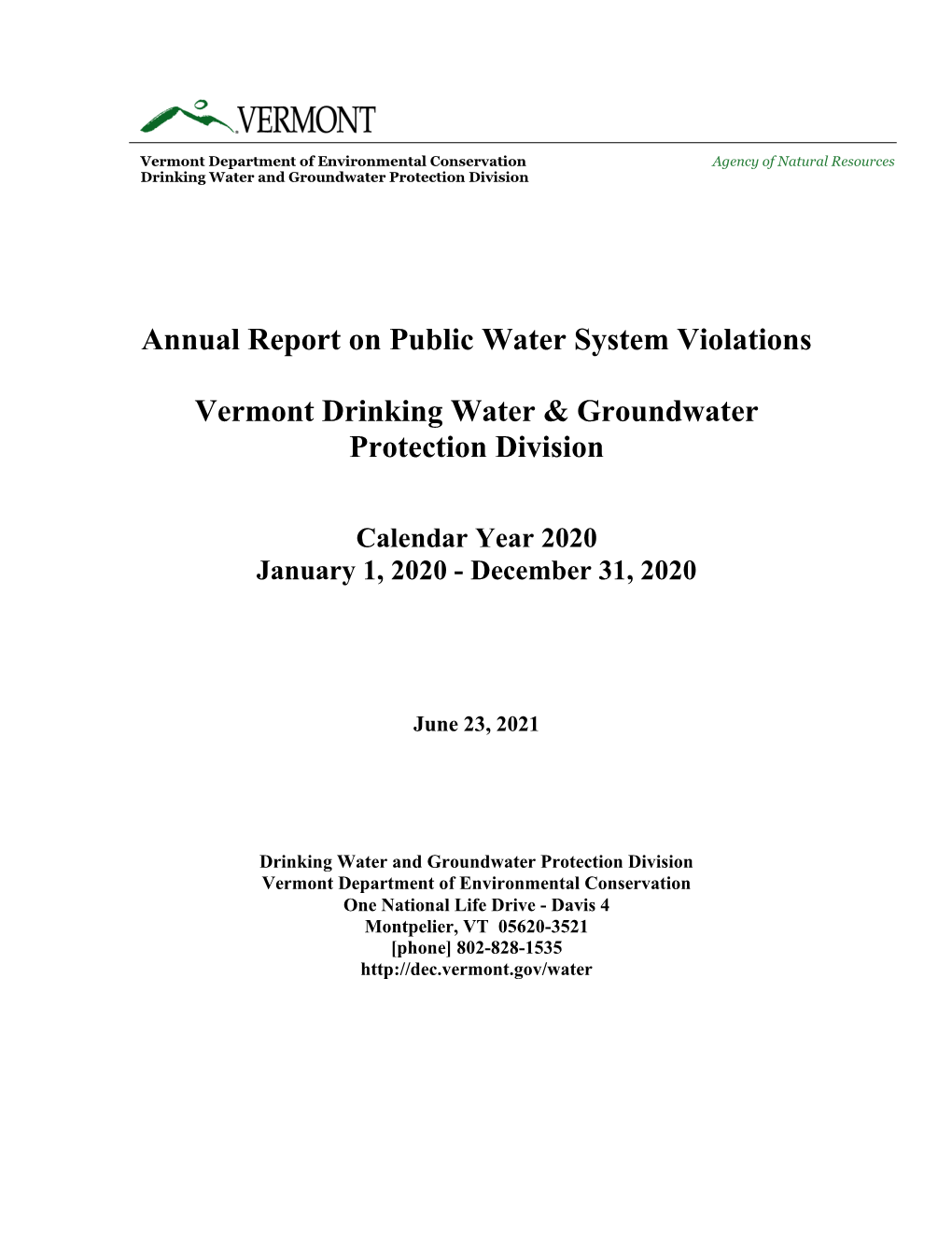 2020 Annual Report on Public Water System Violations for the State of Vermont by Accessing