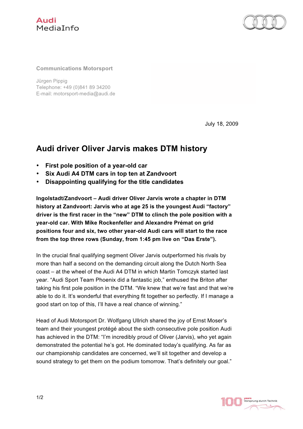 Audi Driver Oliver Jarvis Makes DTM History