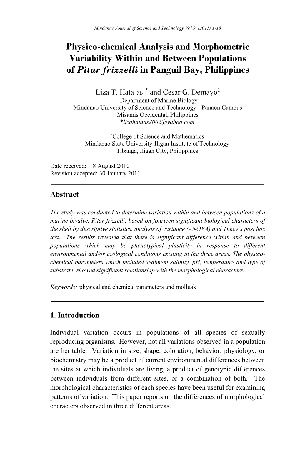 Physico-Chemical Analysis and Morphometric Variability Within and Between Populations of Pitar Frizzelli in Panguil Bay, Philippines