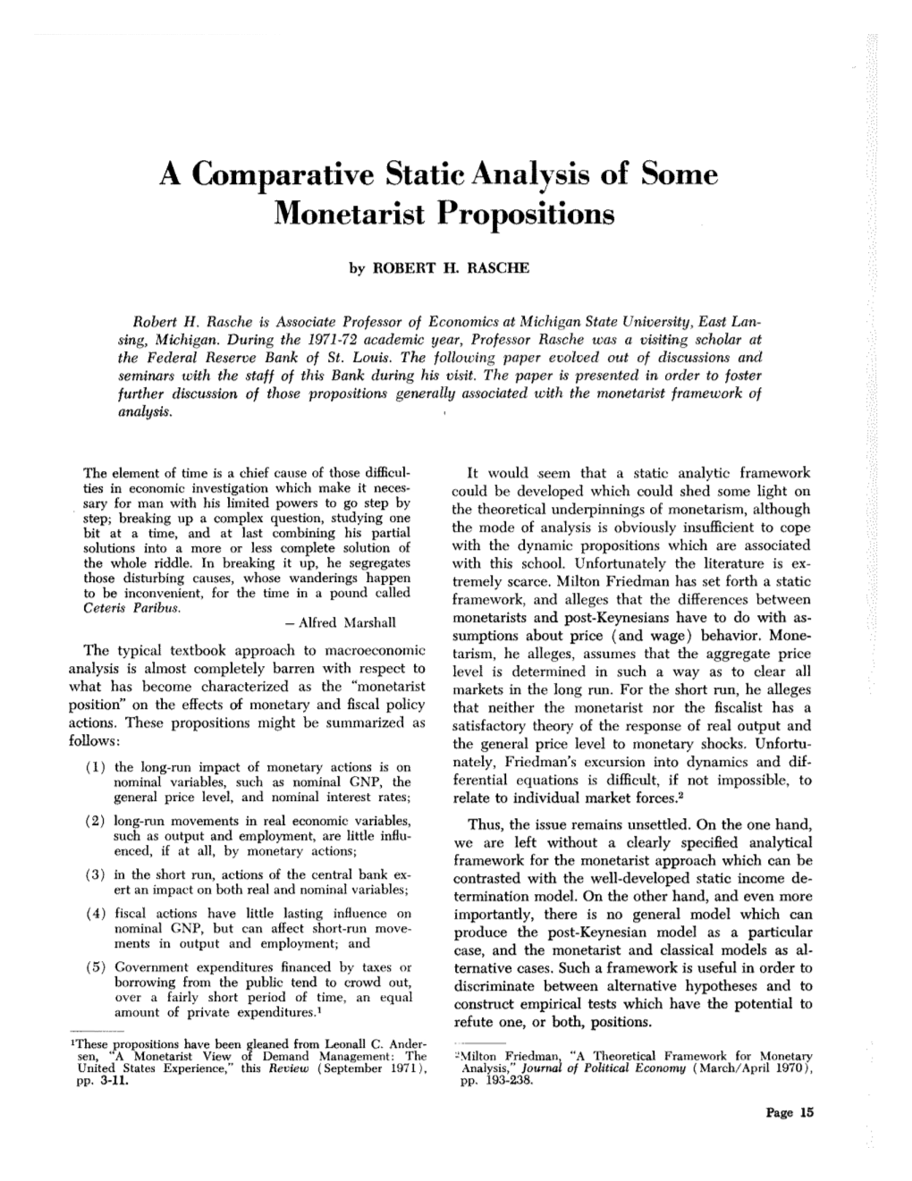 A Comparative Static Analysis of Some Monetarist Propositions