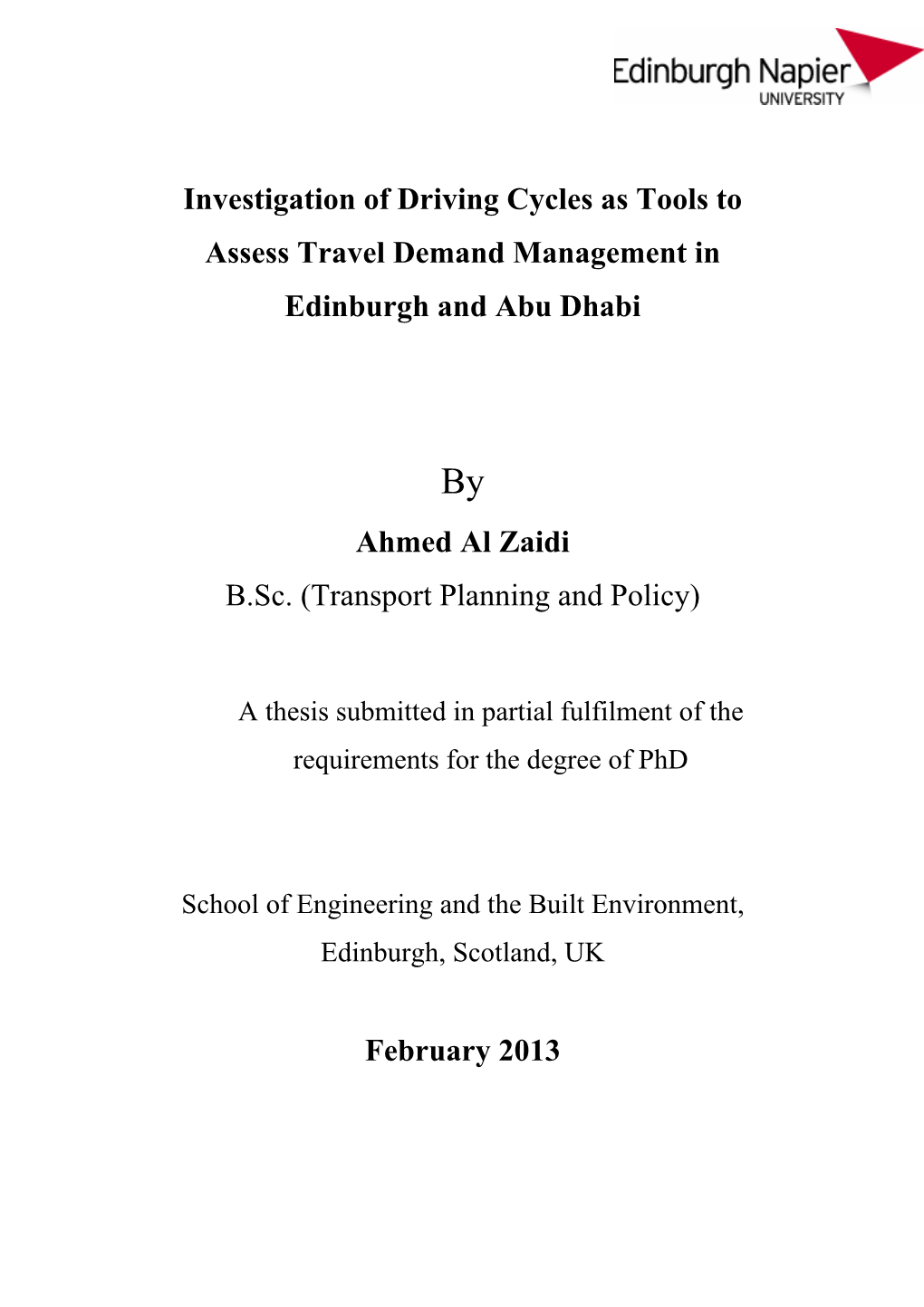 Investigation of Driving Cycles As Tools to Assess Travel Demand Management in Edinburgh and Abu Dhabi