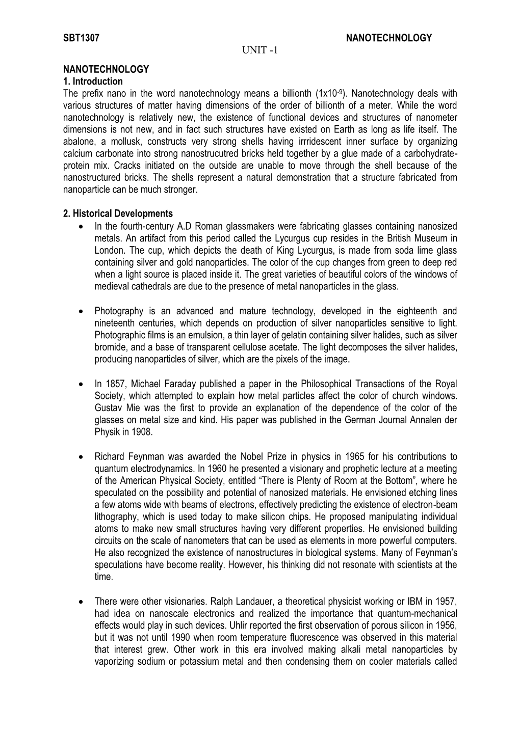 Sbt1307 Nanotechnology Unit -1 Nanotechnology 1