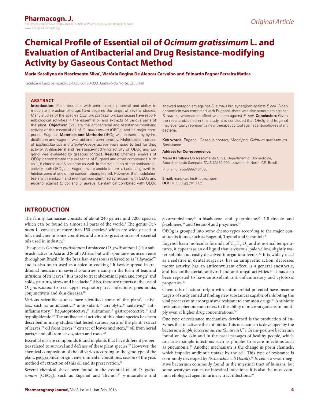 Chemical Profile of Essential Oil of Ocimum Gratissimum L. And