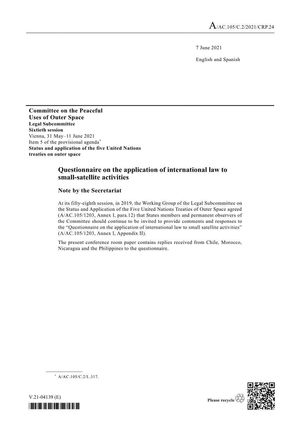 Questionnaire on the Application of International Law to Small-Satellite Activities