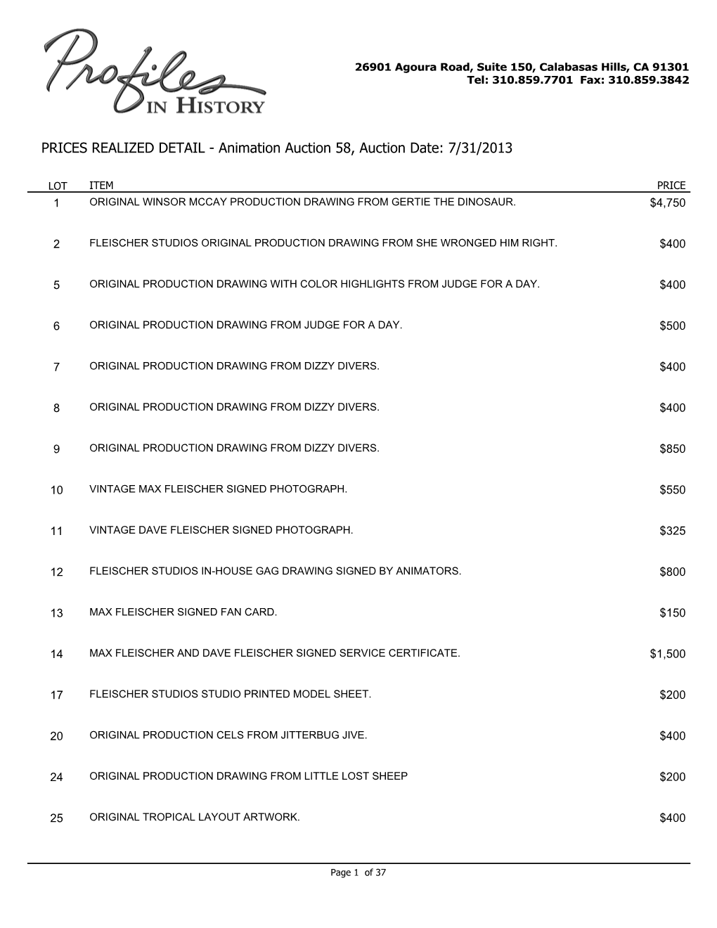 PRICES REALIZED DETAIL - Animation Auction 58, Auction Date: 7/31/2013