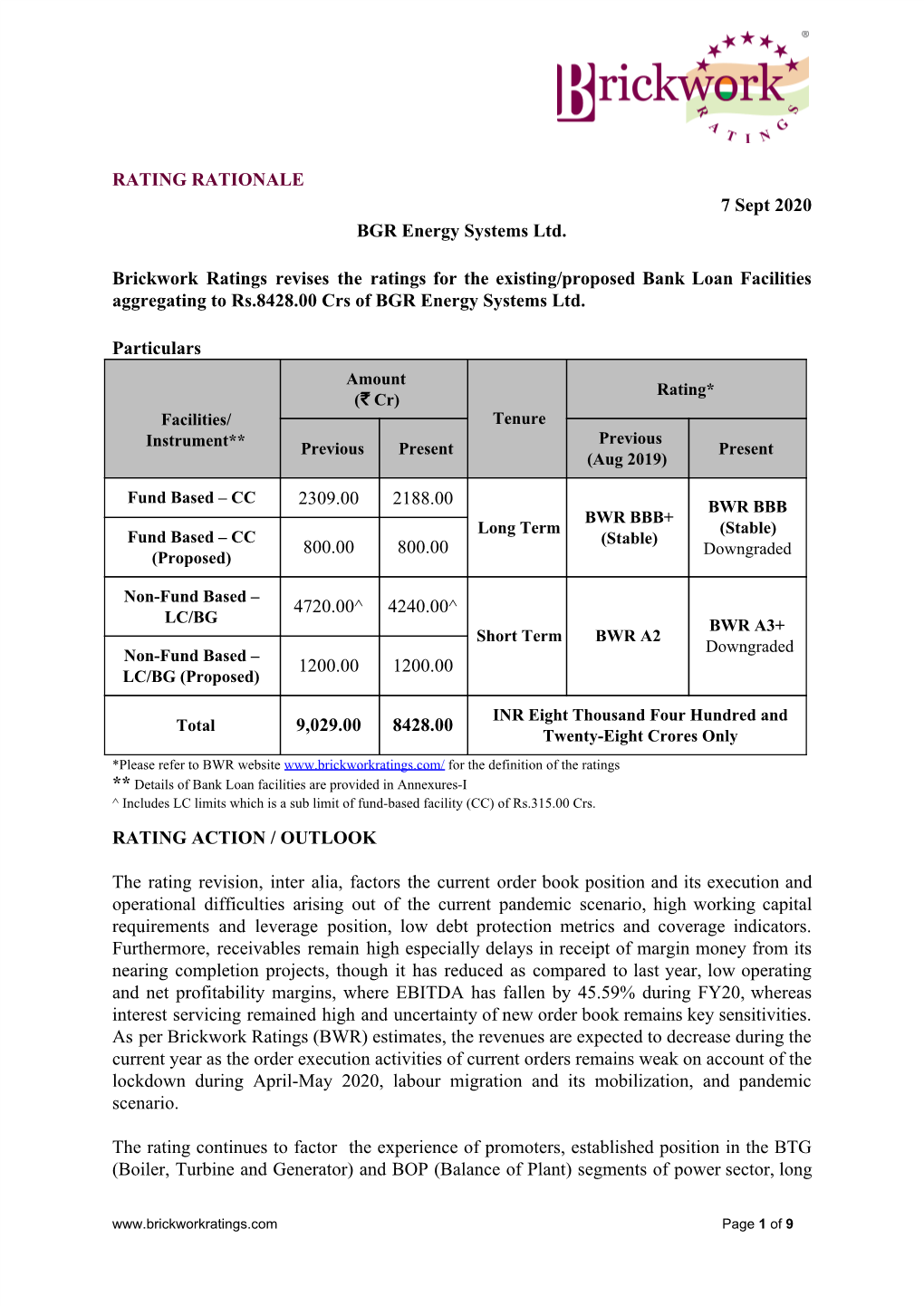 RATING RATIONALE 7 Sept 2020 BGR Energy Systems Ltd