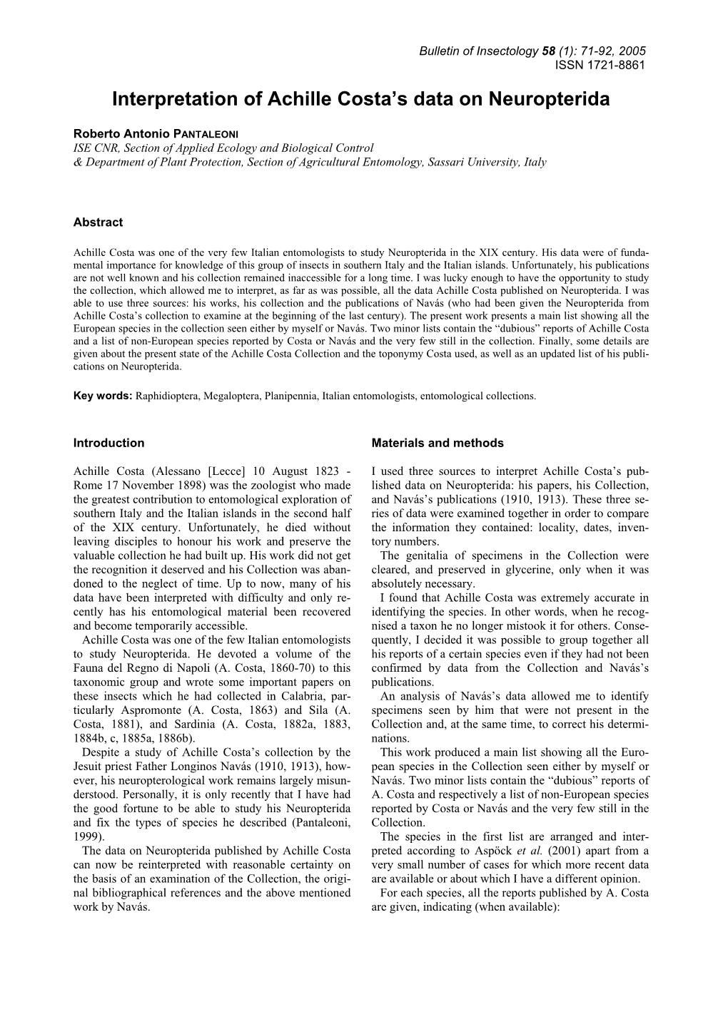 Interpretation of Achille Costa's Data on Neuropterida