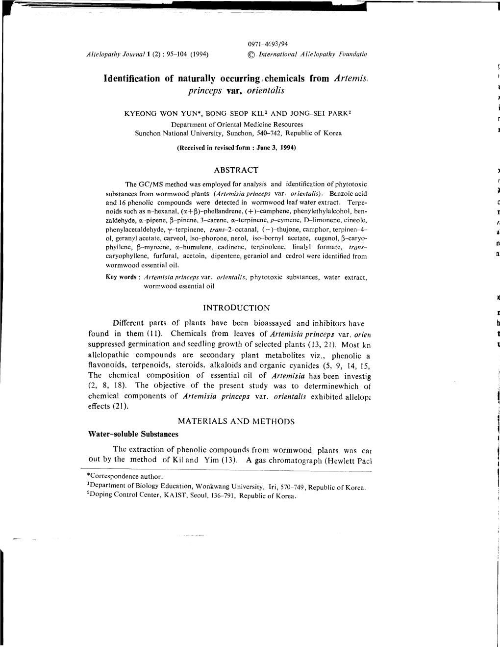 Identification of Naturally Occurring, Chemicals from Artemis, Princeps