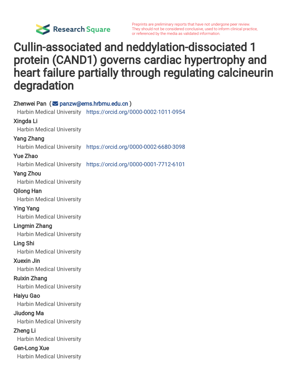 Cullin-Associated and Neddylation-Dissociated 1 Protein (CAND1) Governs Cardiac Hypertrophy and Heart Failure Partially Through Regulating Calcineurin Degradation