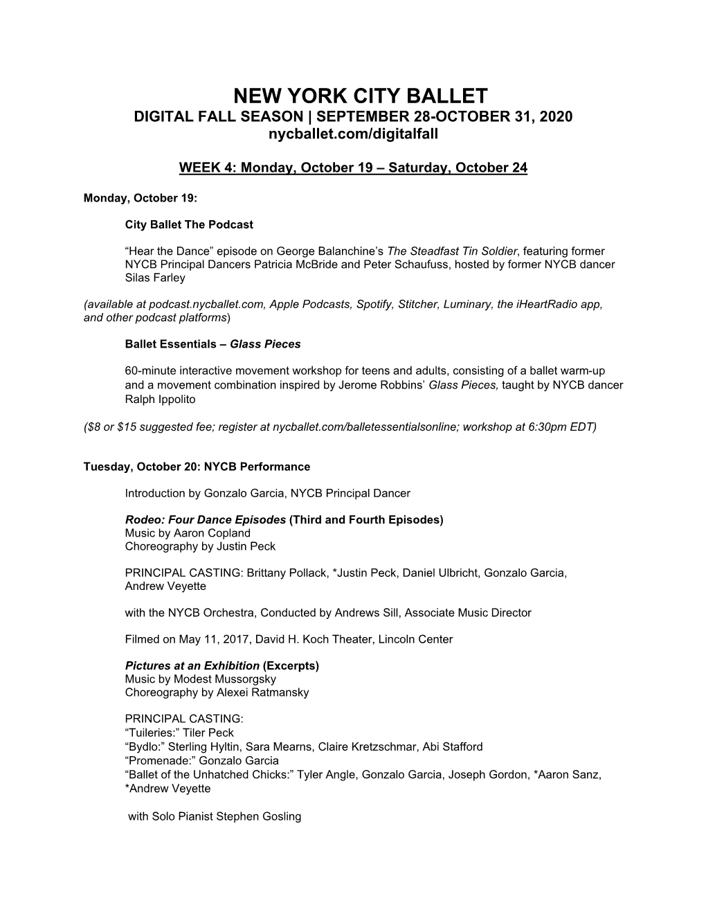 NEW YORK CITY BALLET DIGITAL FALL SEASON | SEPTEMBER 28-OCTOBER 31, 2020 Nycballet.Com/Digitalfall