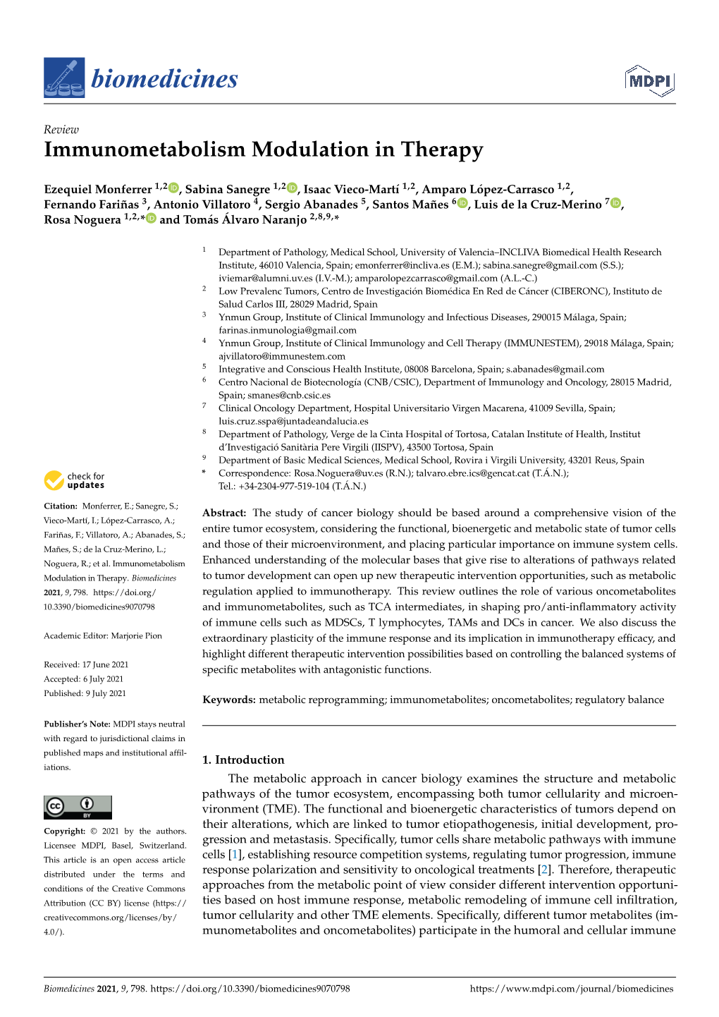 Immunometabolism Modulation in Therapy