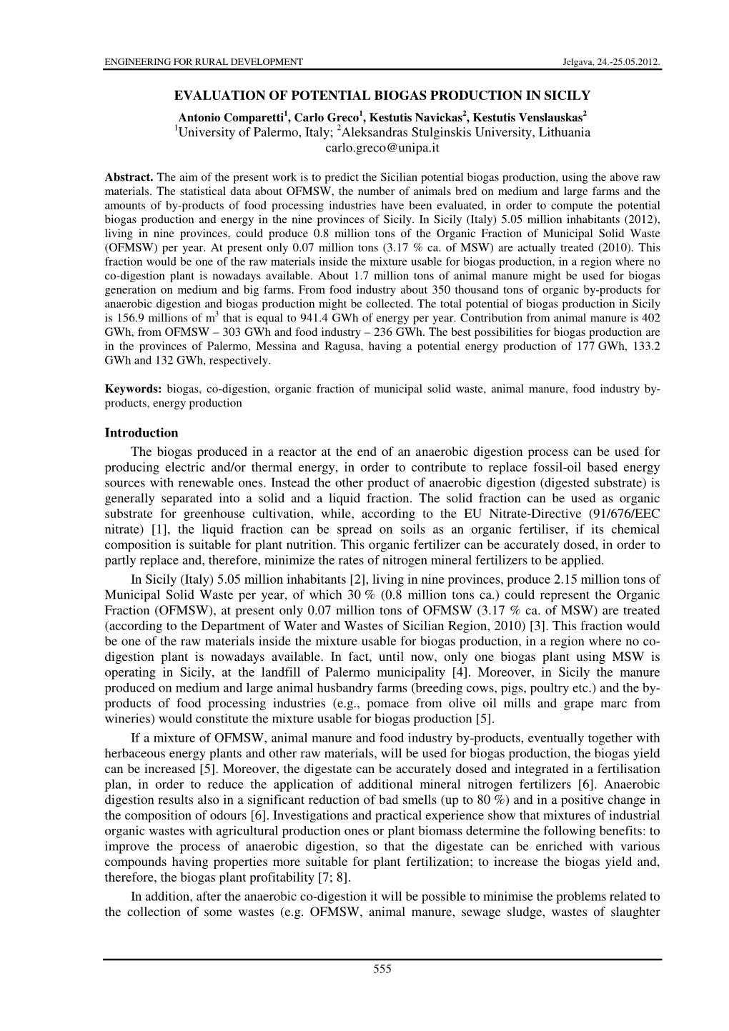 Evaluation of Potential Biogas Production in Sicily