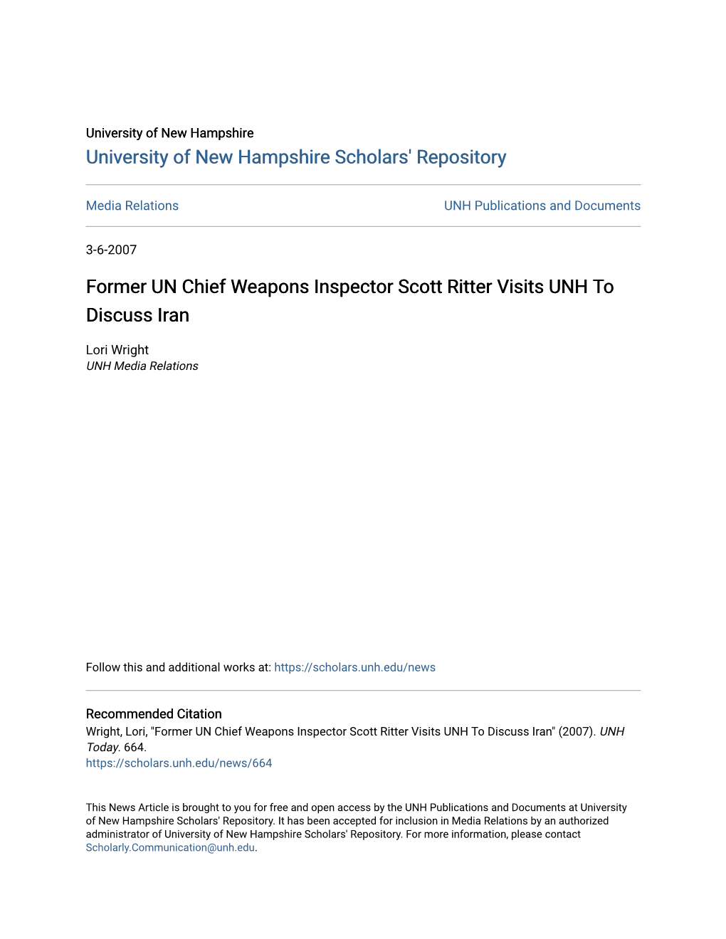 Former UN Chief Weapons Inspector Scott Ritter Visits UNH to Discuss Iran