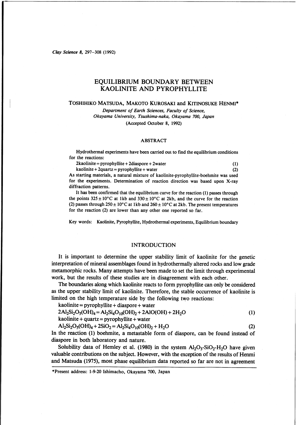 Equilibrium Boundary Between Kaolinite and Pyrophyllite