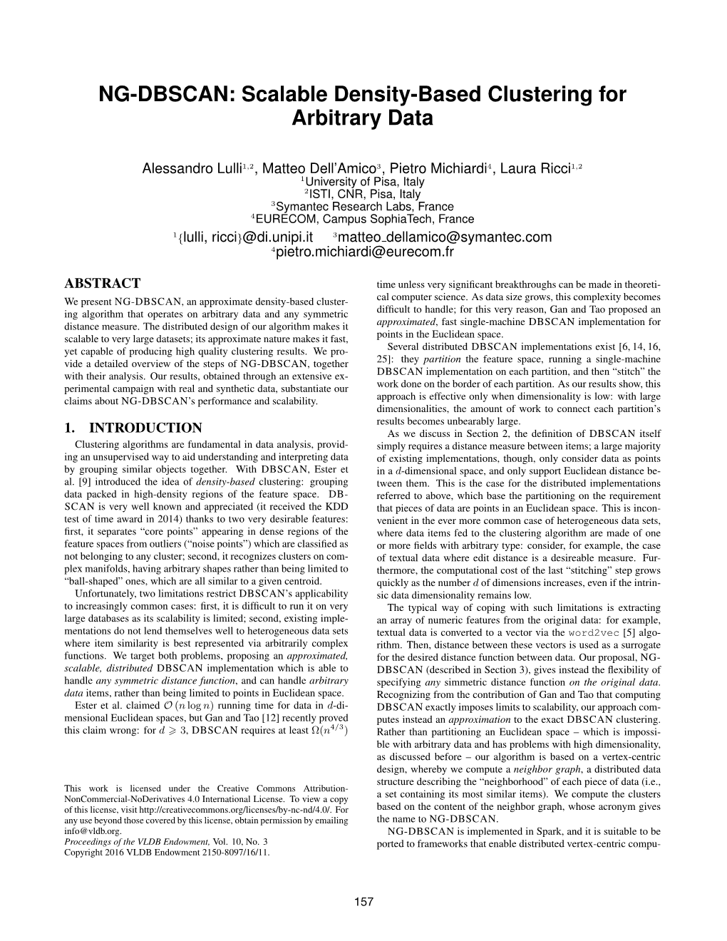 NG-DBSCAN: Scalable Density-Based Clustering for Arbitrary Data