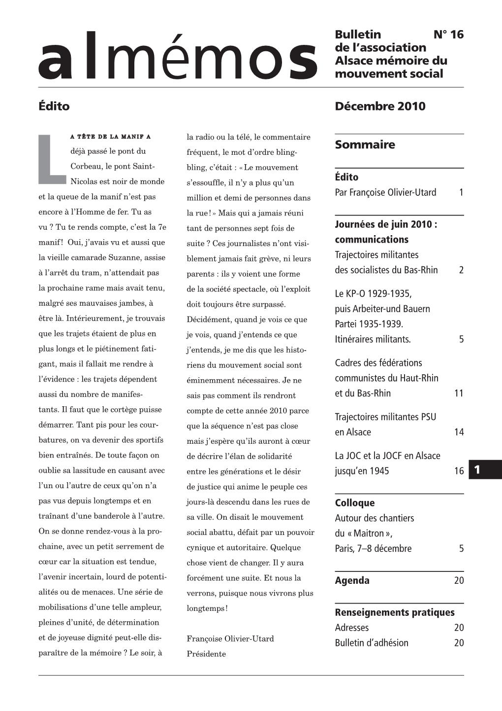 Décembre 2010 Sommaire Bulletin N° 16 De L'association Alsace