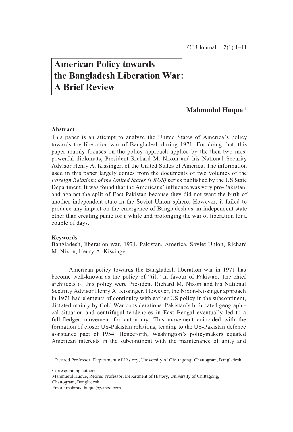 American Policy Towards the Bangladesh Liberation War: a Brief Review