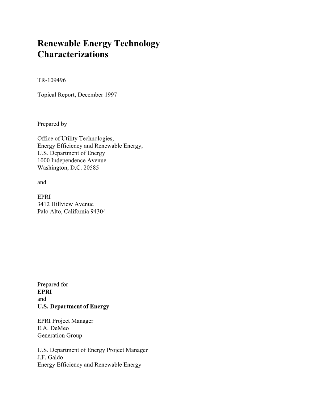 Renewable Energy Technology Characterizations