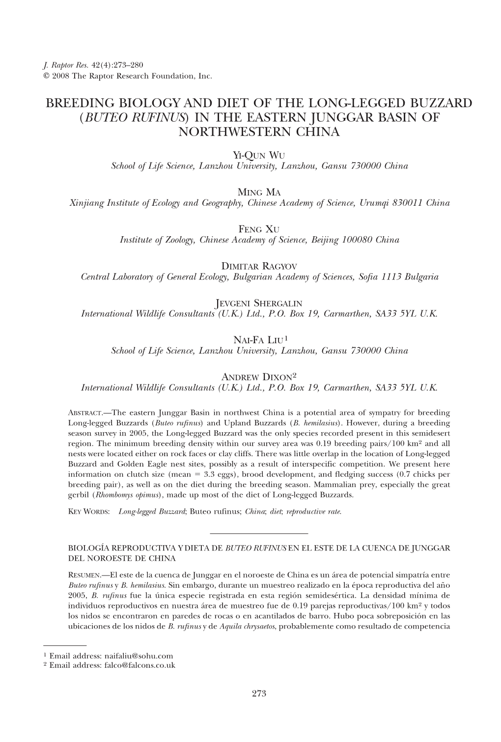 Breeding Biology and Diet of the Long-Legged Buzzard (Buteo Rufinus) in the Eastern Junggar Basin of Northwestern China