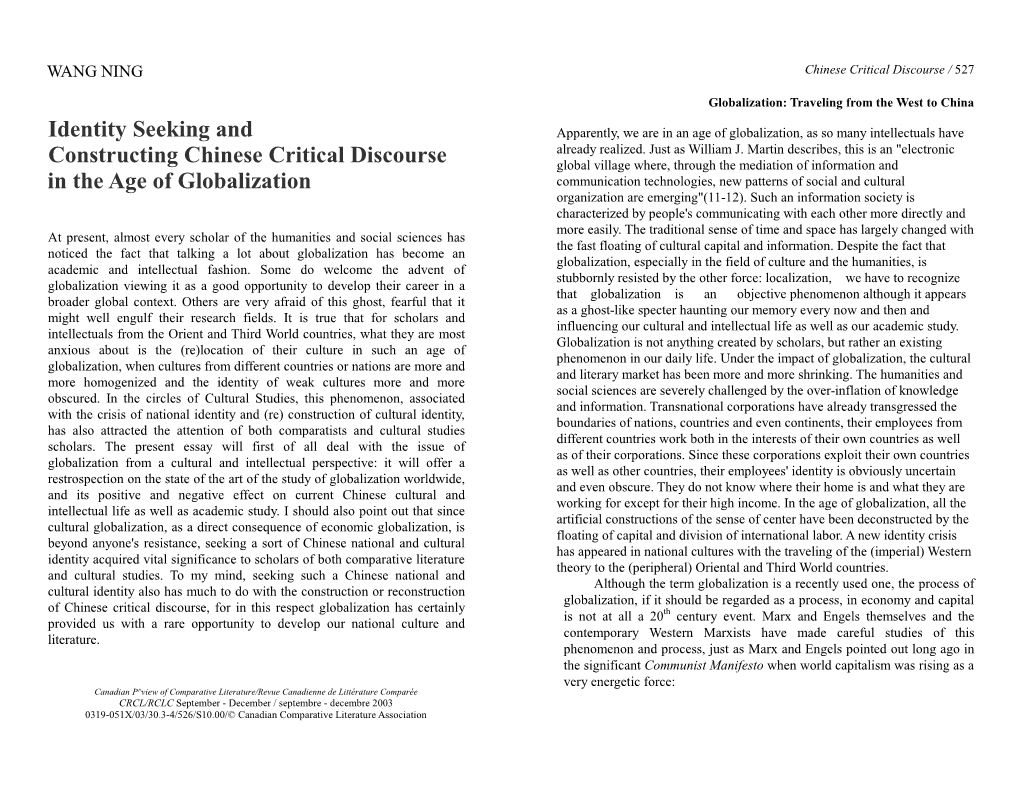 Identity Seeking and Constructing Chinese Critical Discourse in The
