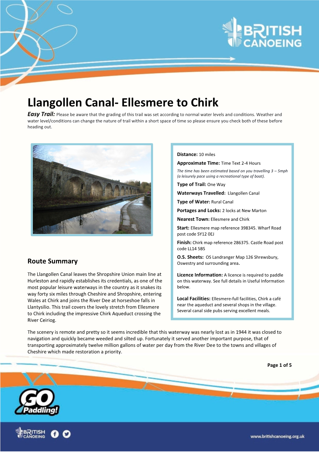 Llangollen Canal- Ellesmere to Chirk Easy Trail: Please Be Aware That the Grading of This Trail Was Set According to Normal Water Levels and Conditions